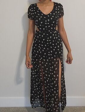 Black Floral Maxi Dress with Side Slits